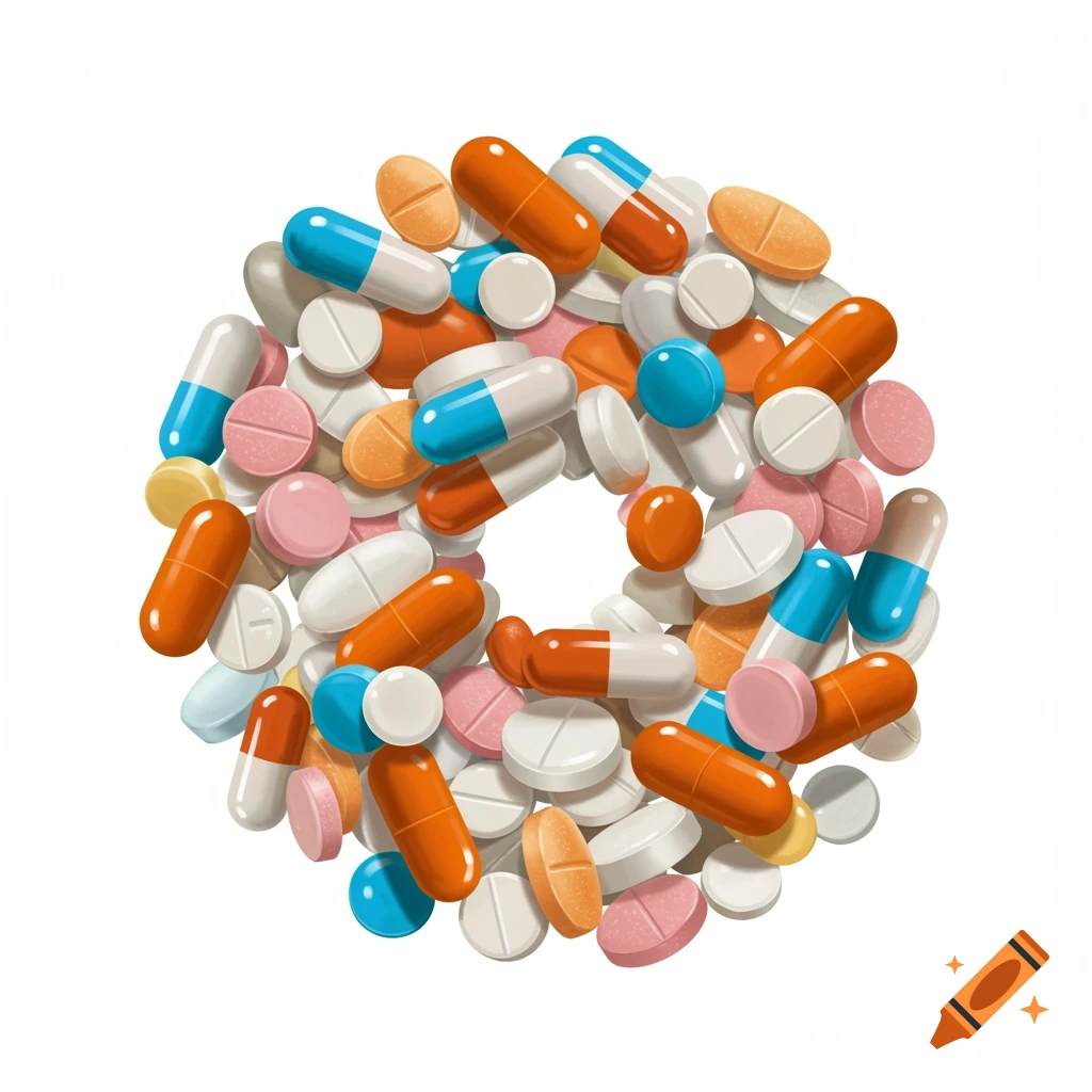 A pile of diverse colored pills and capsules arranged in a circular pattern.