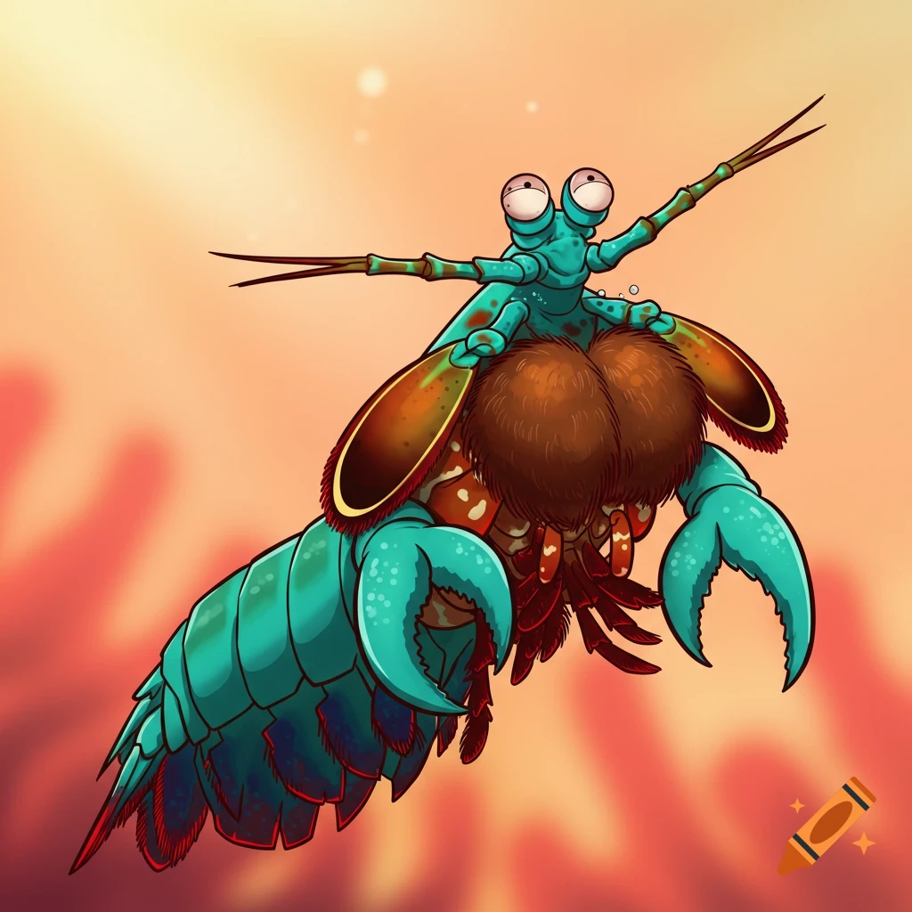 A cartoony mantis shrimp with a brown mullet hairstyle floats against an orange and red background.