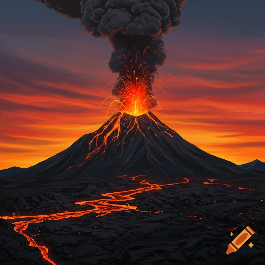 A volcano erupting with a large smoke cloud and lava flowing down the sides, under a fiery orange sky.