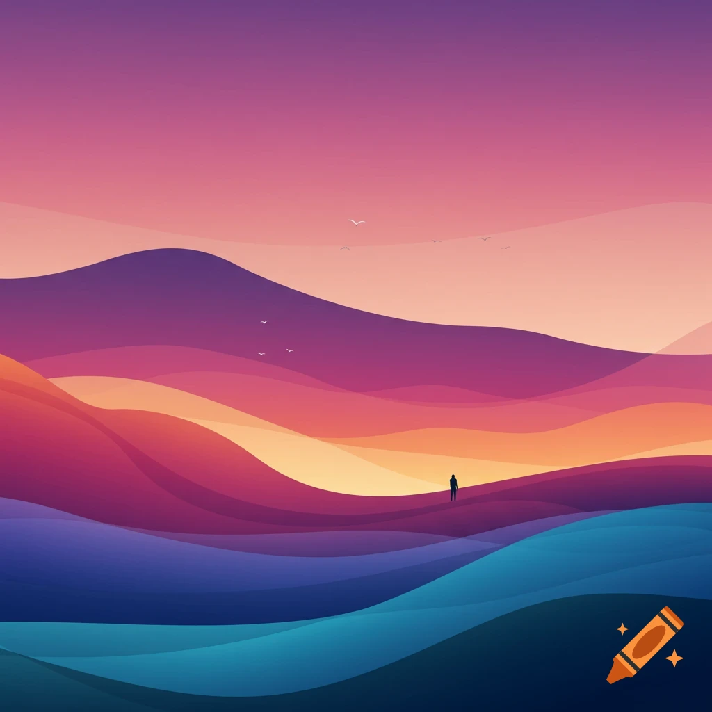 Abstract layered landscape with vibrant purple, orange, and blue waves under a gradient sky, with a small person silhouette and birds.