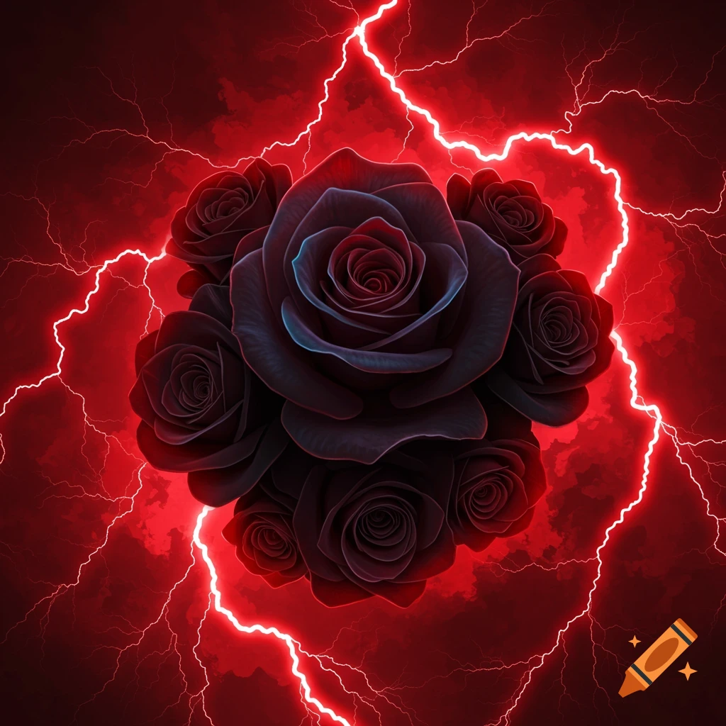 Dark red roses surrounded by red lightning against a red sky