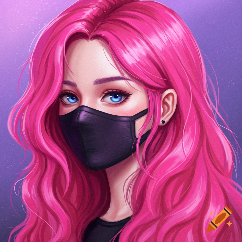 A girl with wavy pink hair and blue eyes is wearing a black face mask.
