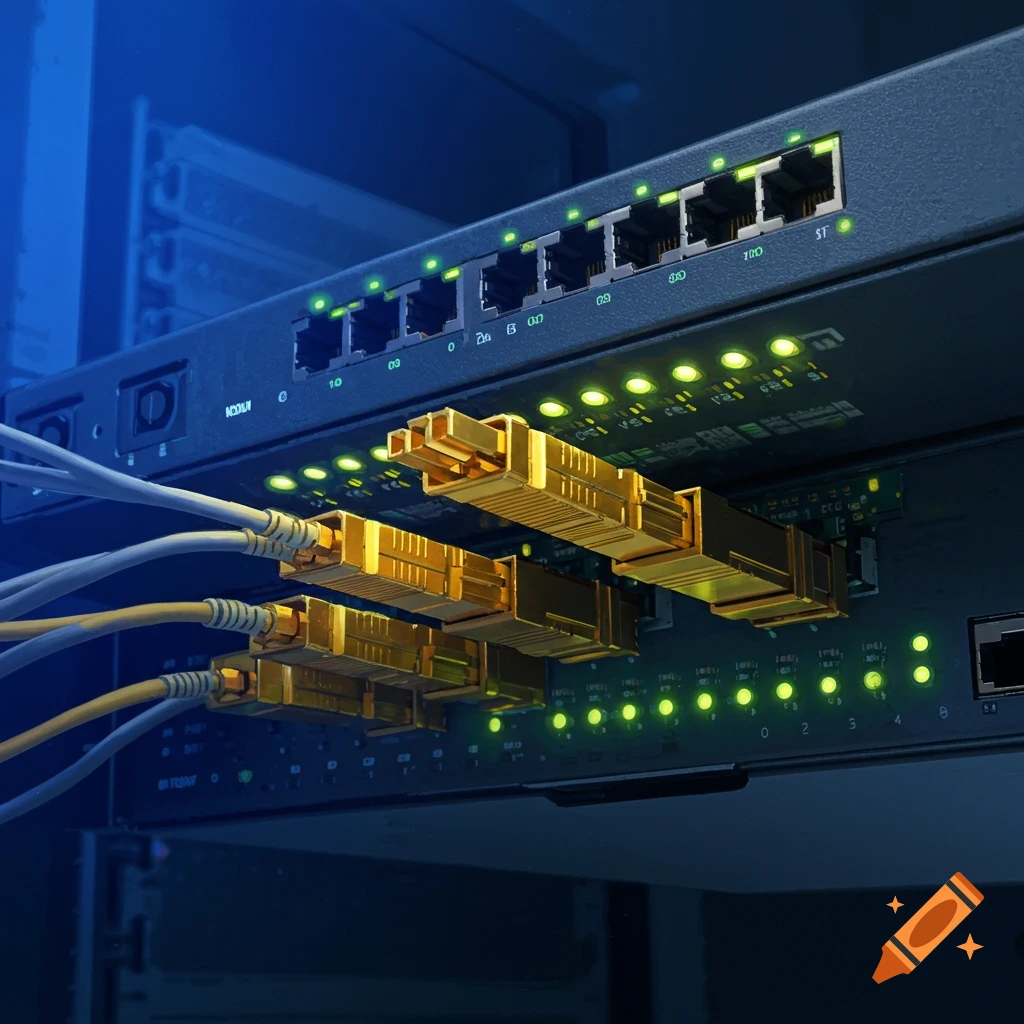 Close-up of a network switch with gold fiber optics and green status lights.