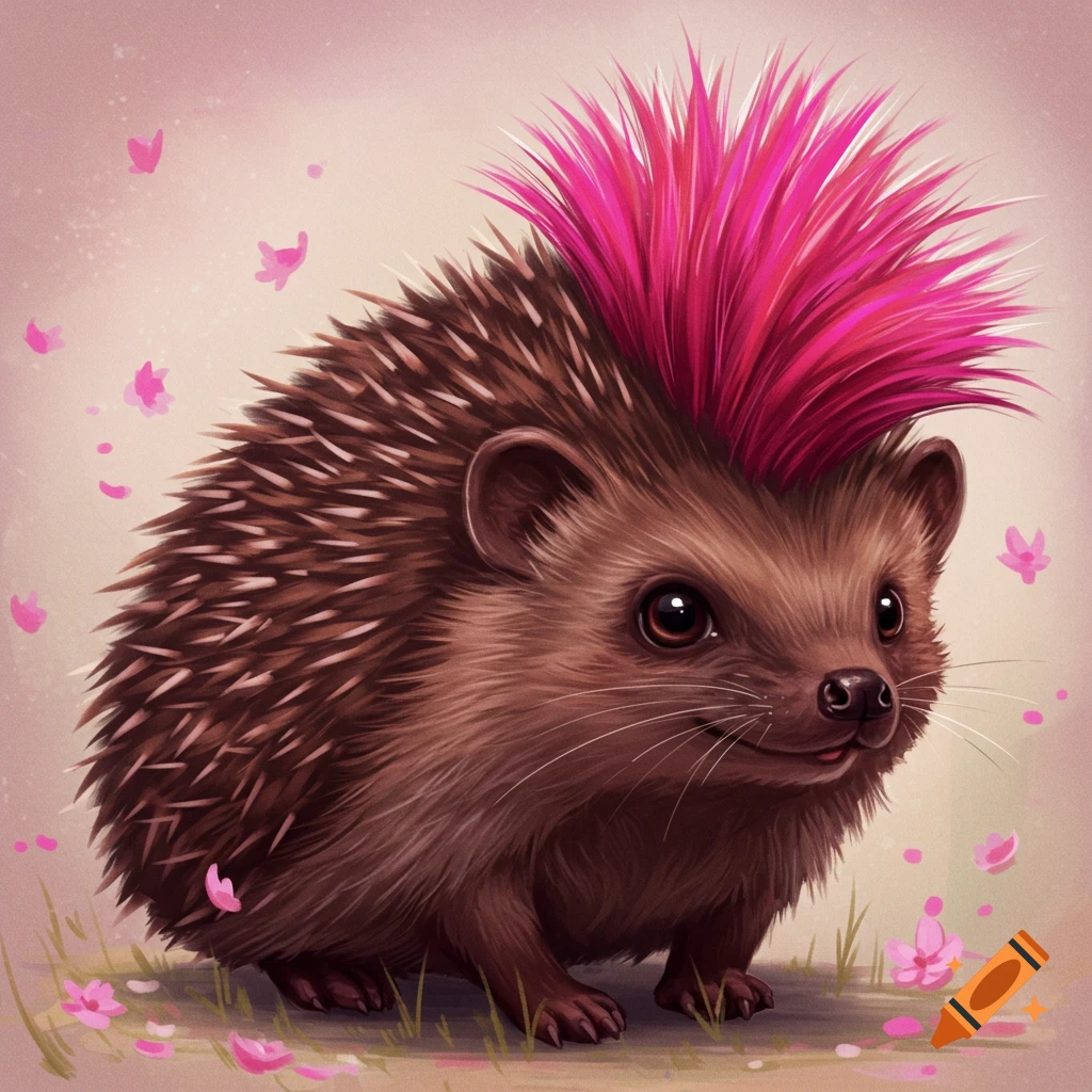 A cute hedgehog with a bright pink mohawk is standing among pink flowers.