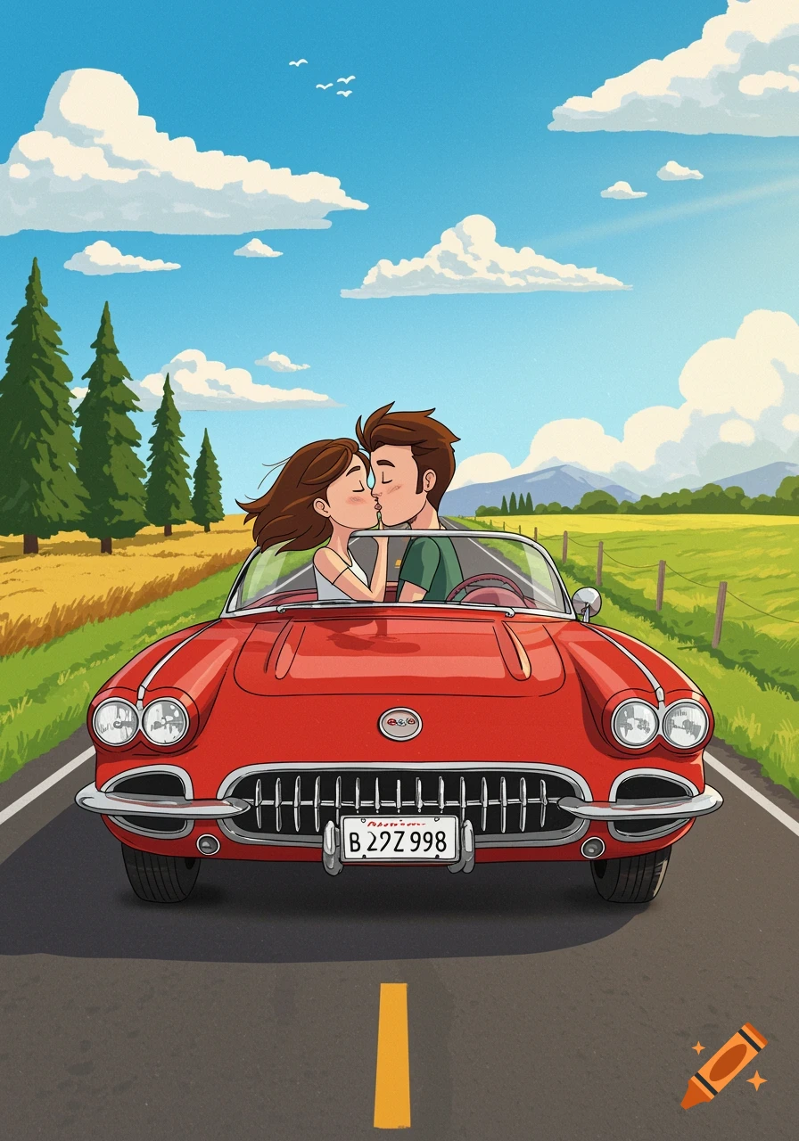 Cartoon couple kissing in a red convertible driving on a country road with trees and fields.