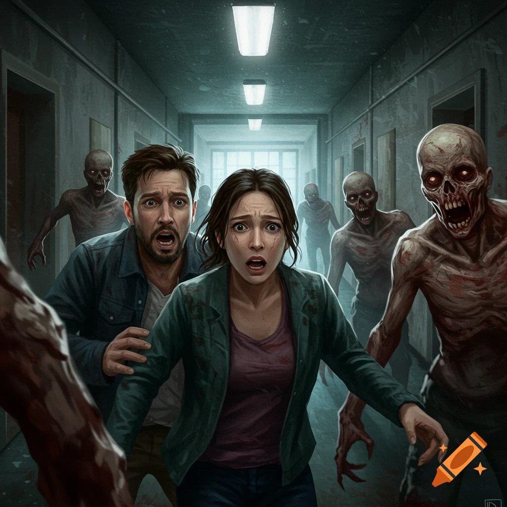 A man and woman run in fear down a dark hallway from charging zombies.