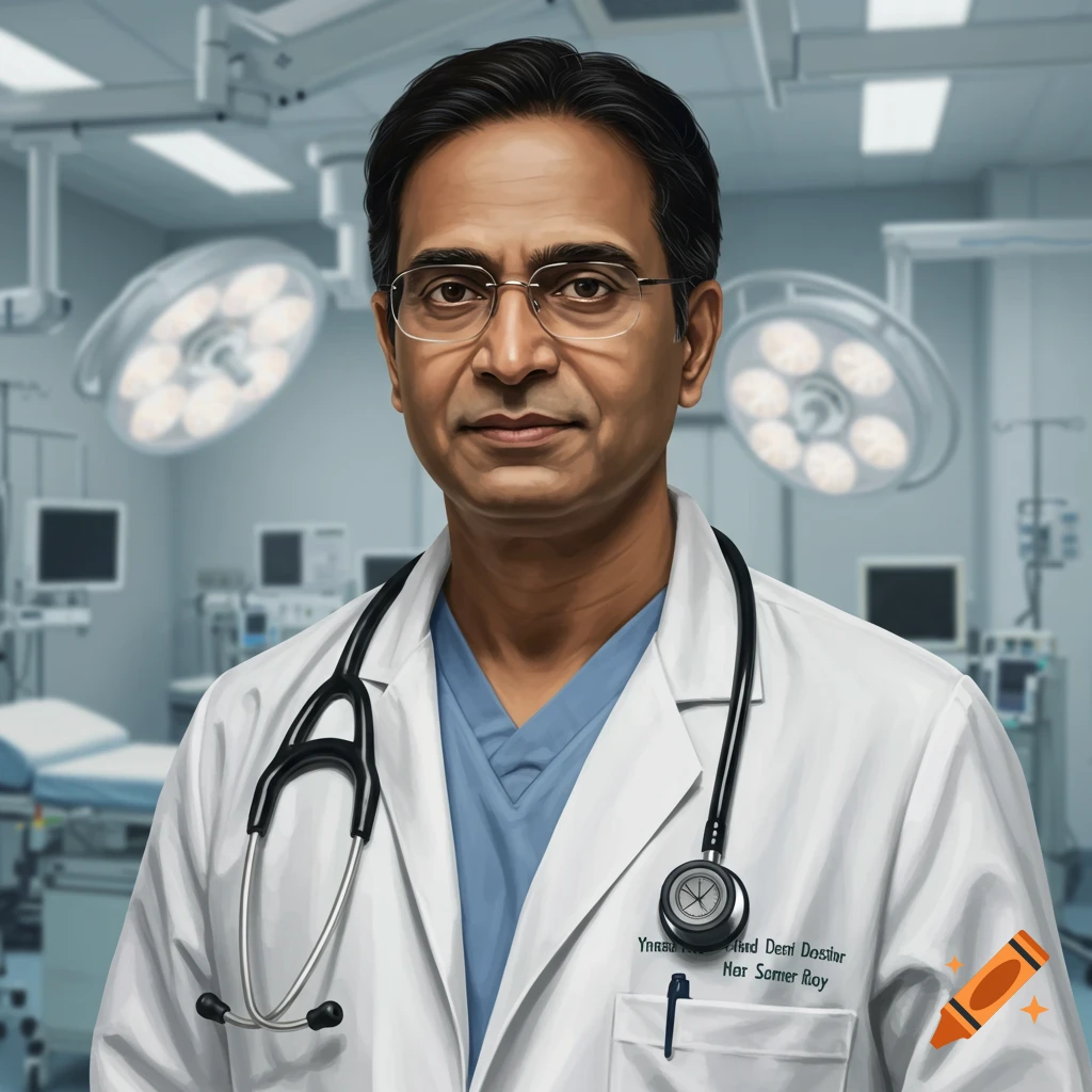 A male doctor wearing a lab coat and stethoscope in an operating room.