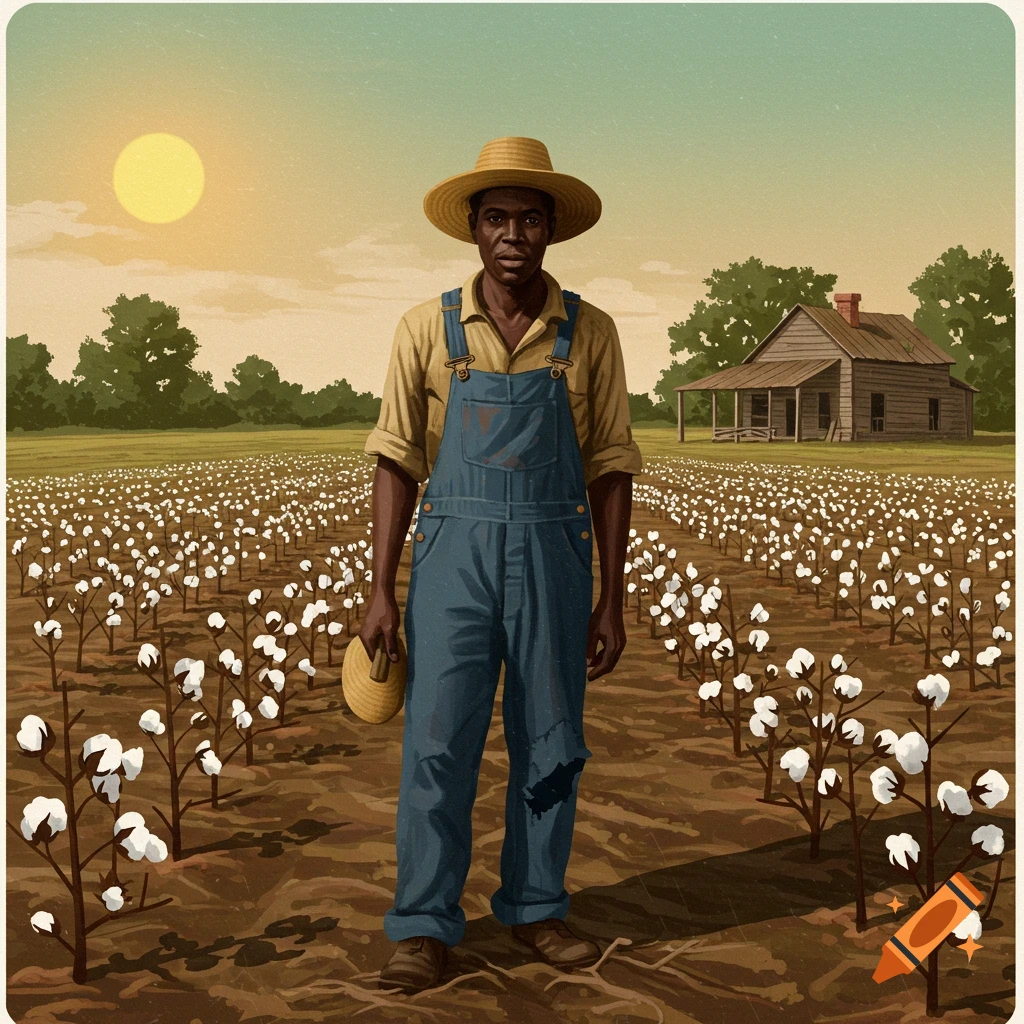 A sharecropper in a cotton field under a sunny sky with a farmhouse.