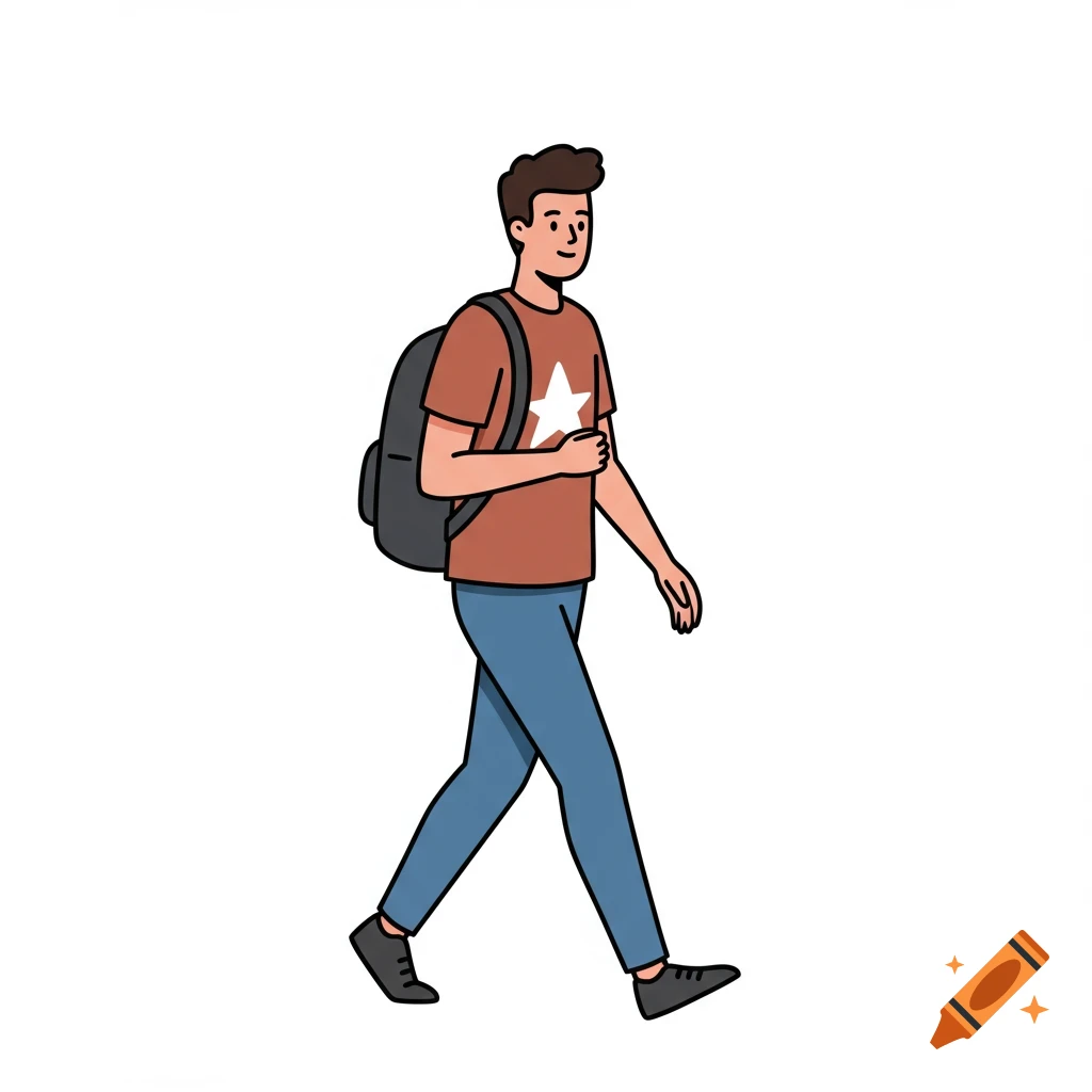Clip art illustration of a young man walking with a backpack, wearing a reddish-brown shirt with a star and blue jeans.