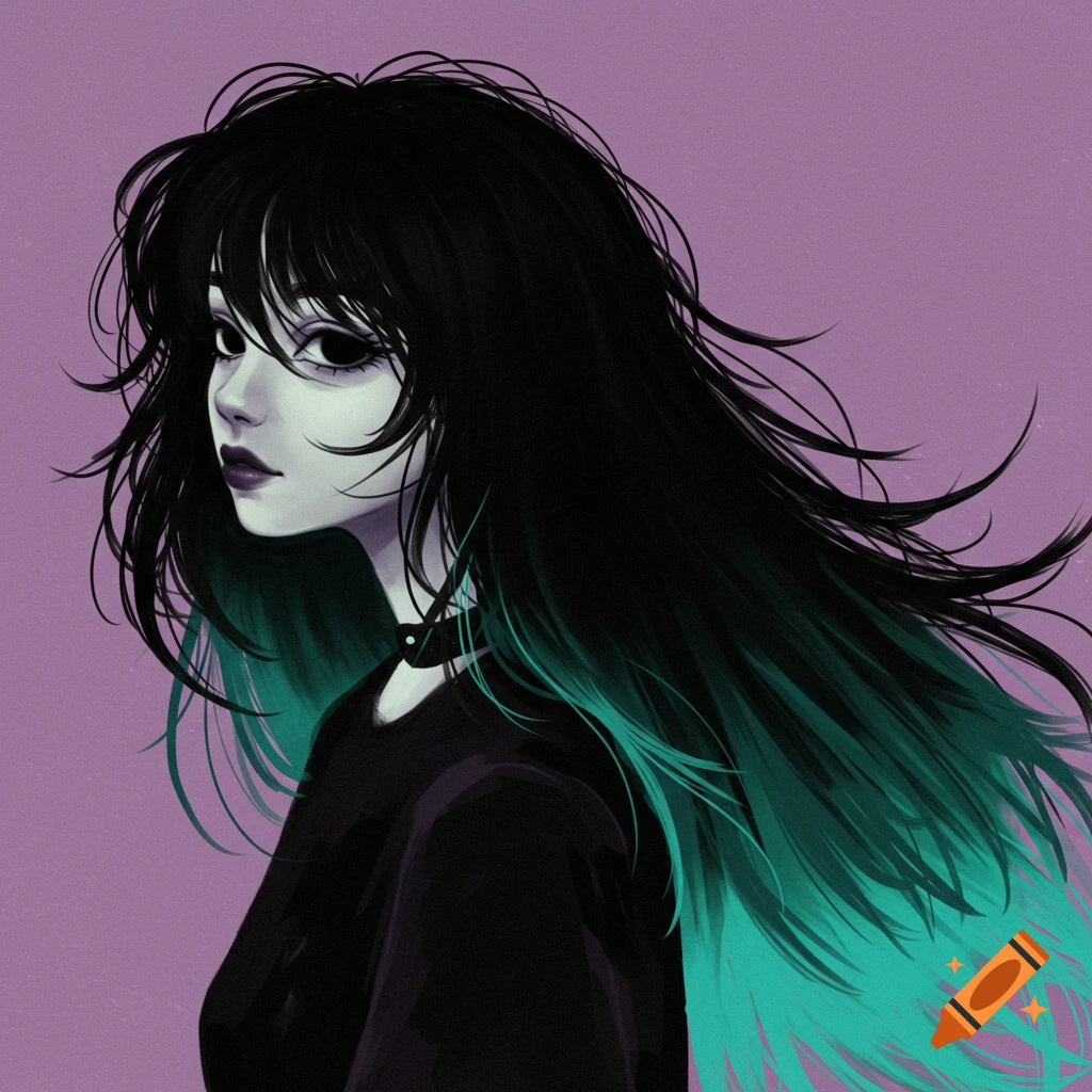 A girl with black and turquoise hair against a purple background.