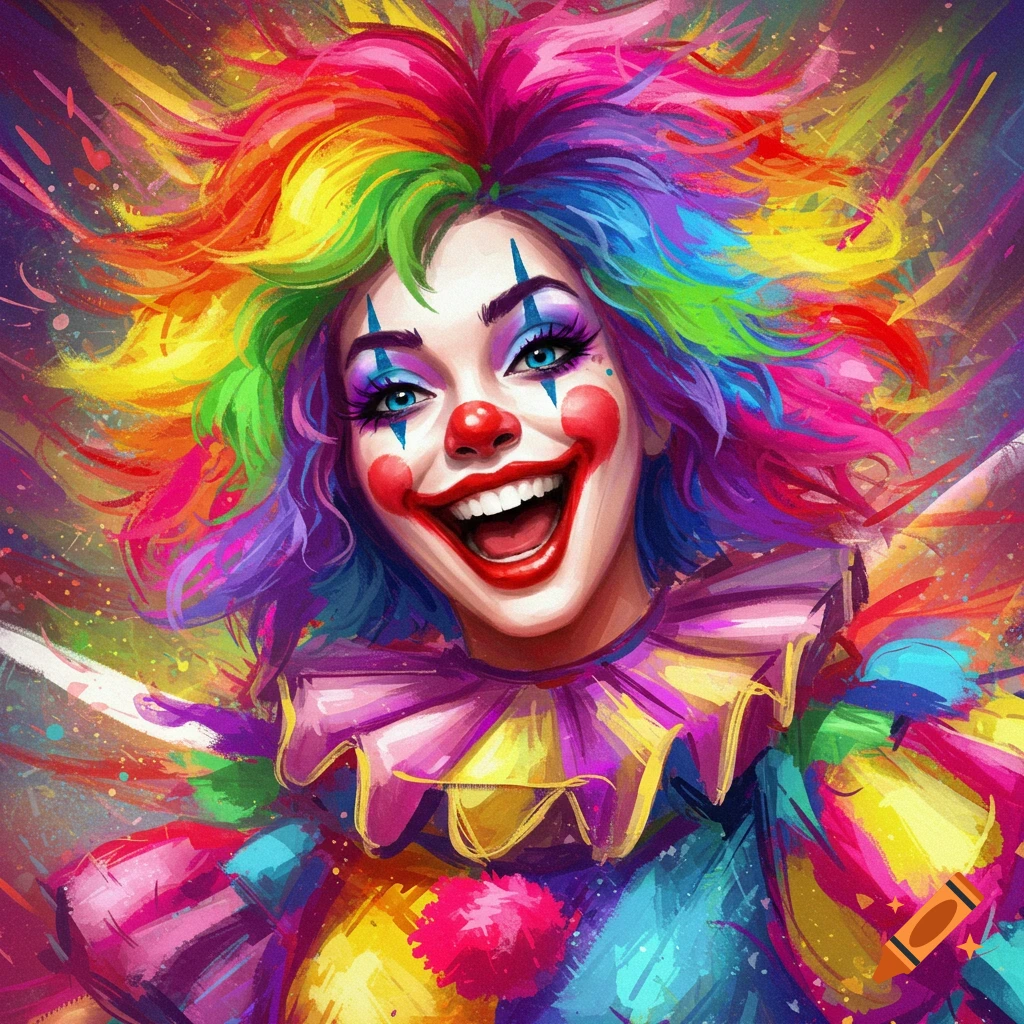 A vibrant portrait of a smiling female clown with rainbow hair and bright makeup.