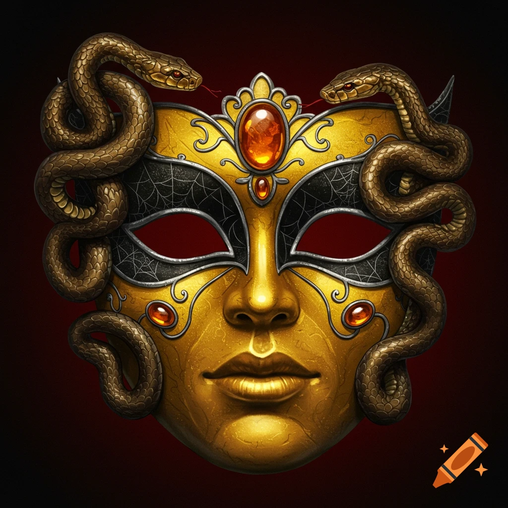 A gold masquerade mask decorated with snakes, amber gems, and silver spider webbing on a red background.