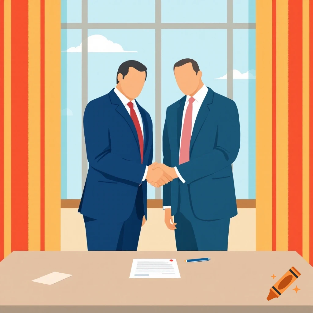 Two stylized men in suits shake hands over a contract on a table, viewed through a window.