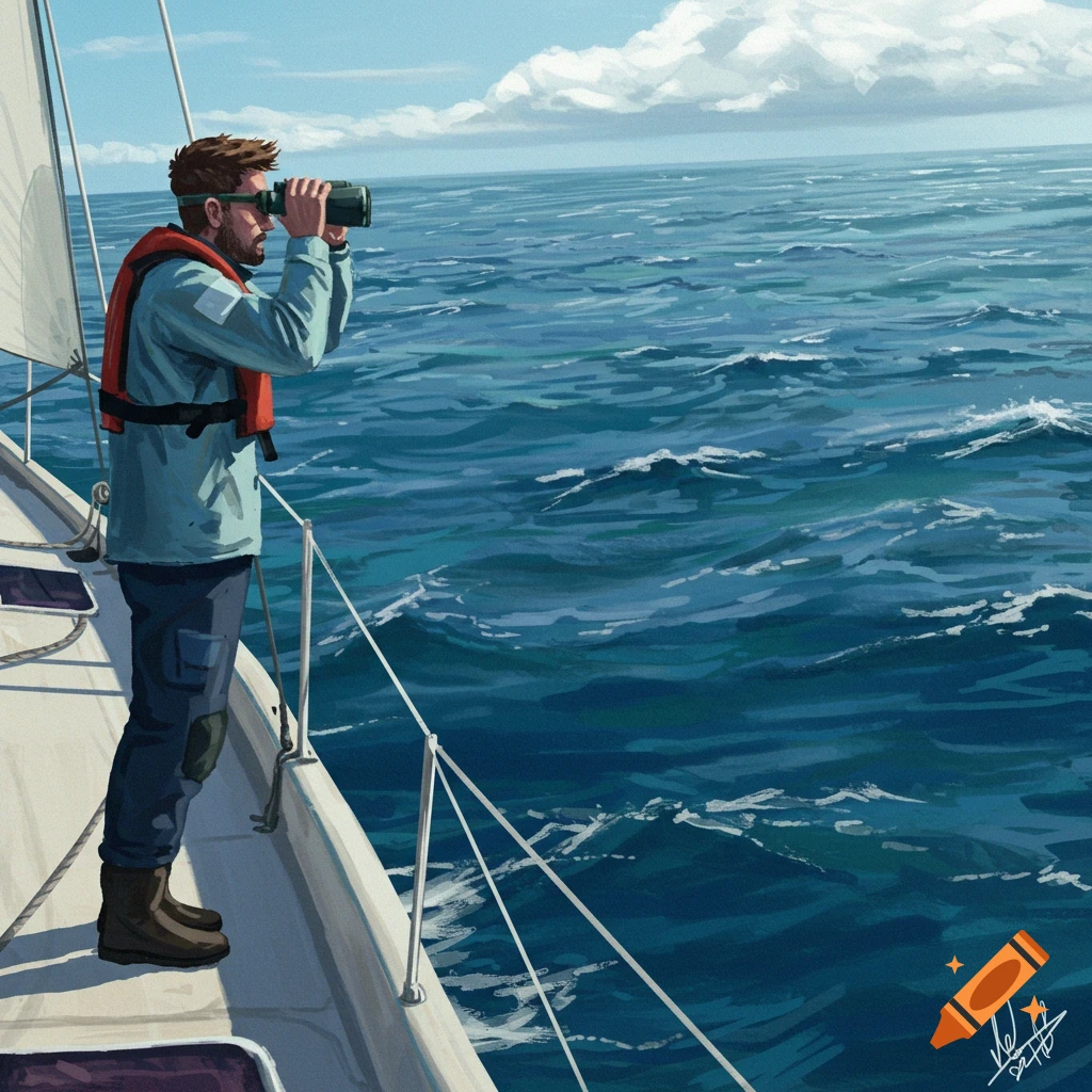 A man on a sailboat is looking through binoculars at the ocean.