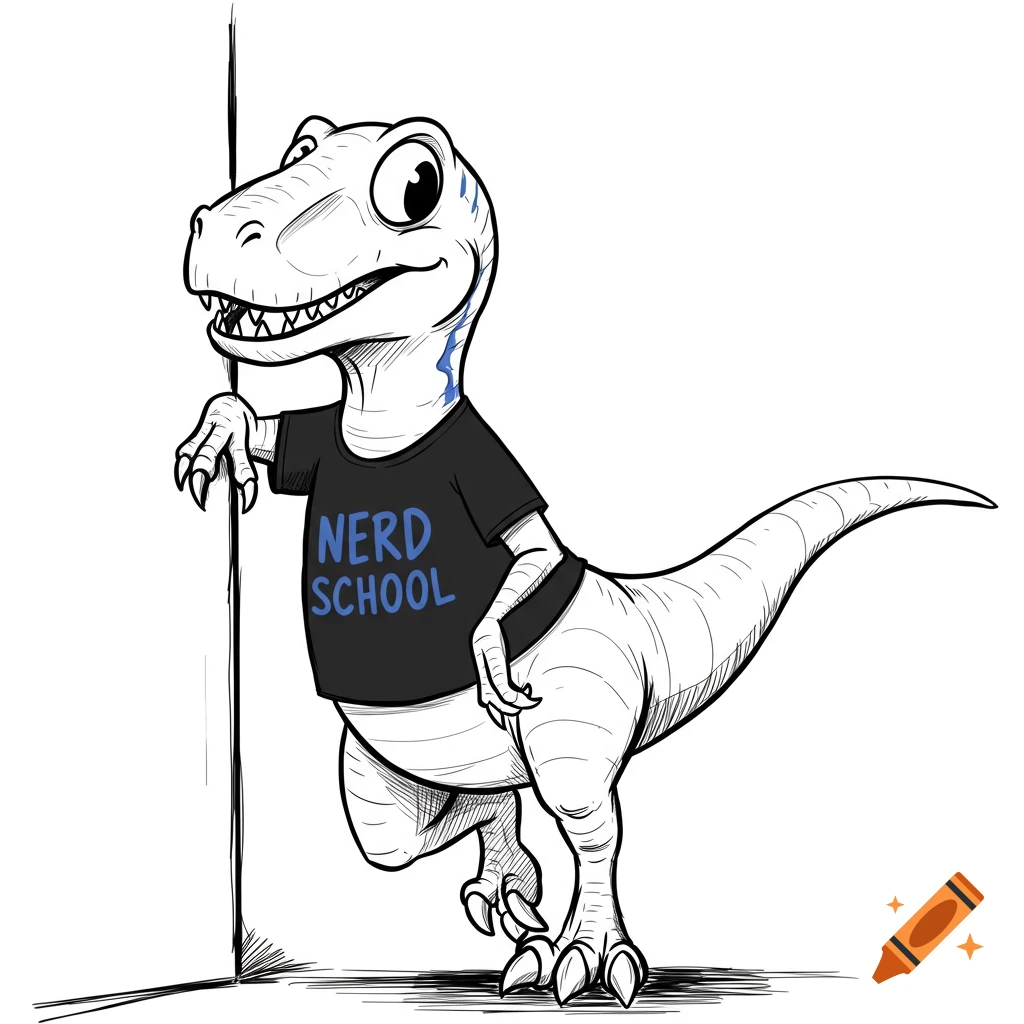 Black and white sketch of a cartoon velociraptor wearing a Nerd School t-shirt, leaning against a wall.