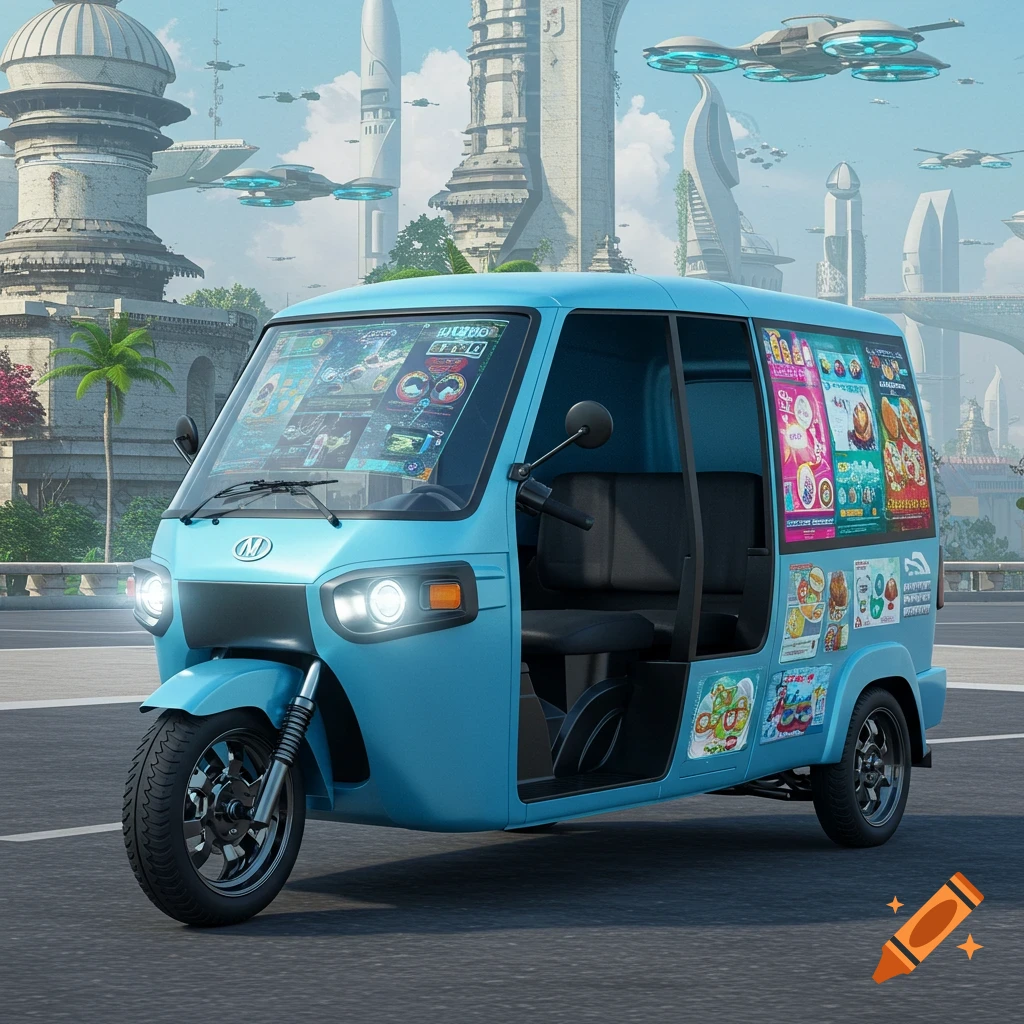 A sky blue futuristic three-wheeled vehicle with advertisements drives through a futuristic city.