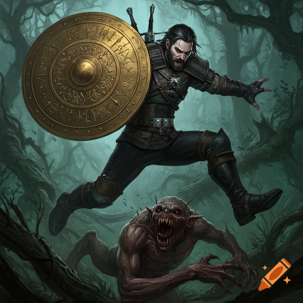 A fantasy warrior with a large shield jumping over a monster in a dark forest.