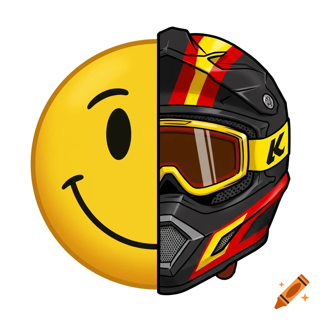 Split image of half a smiley face and half a dirt bike helmet