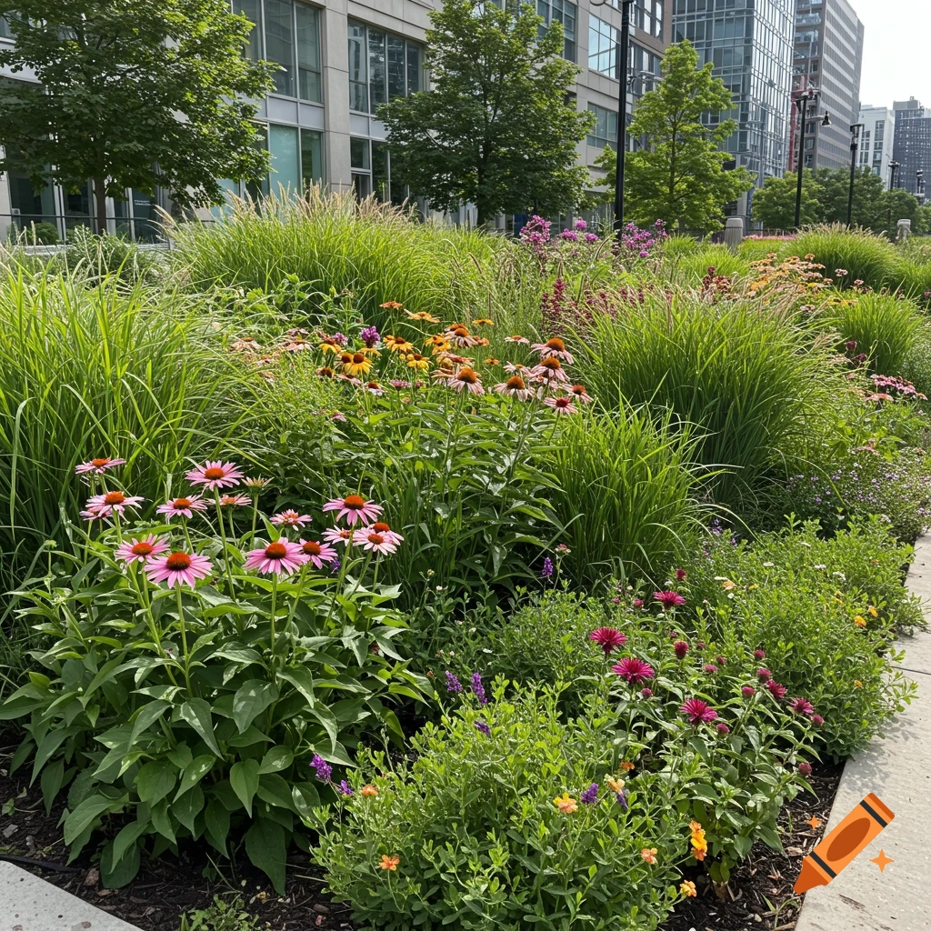 A vibrant rain garden with pink and orange flowers and tall grasses in front of buildings.