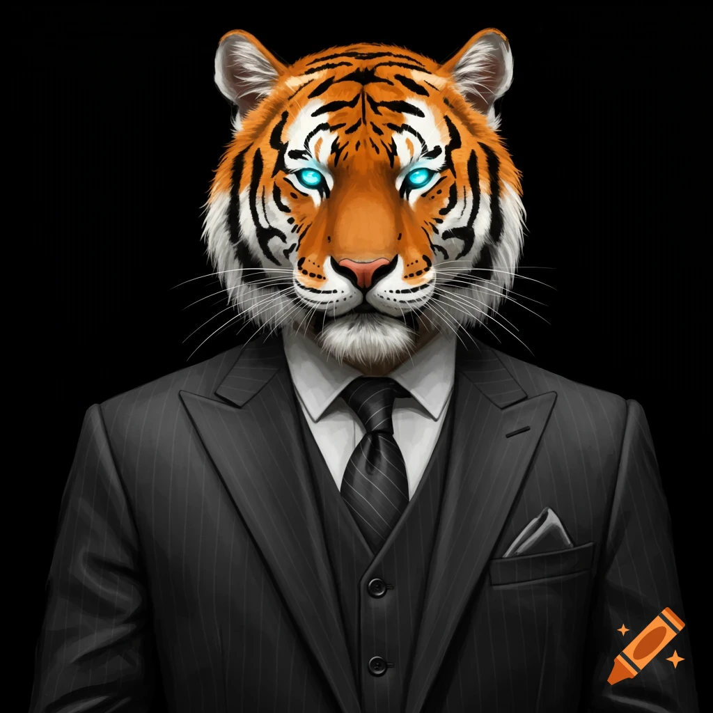 A tiger wears a black pinstripe suit and tie, with glowing blue eyes, against a black background.