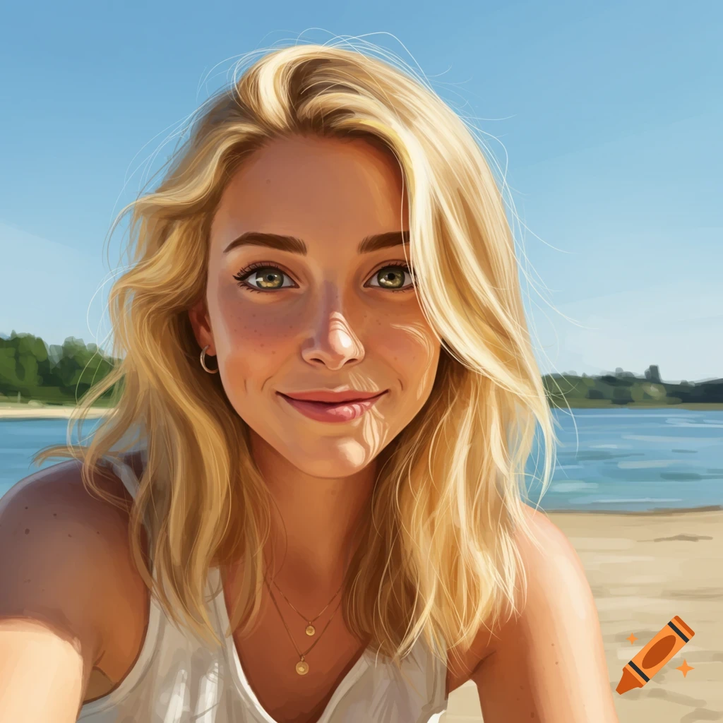 A blonde woman is smiling while on a sunny beach.