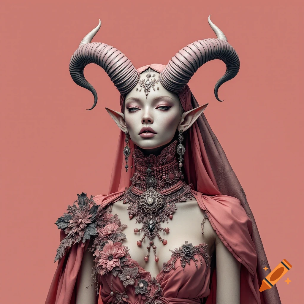 Portrait of a fantasy character with large horns and pointy ears wearing ornate jewelry and dress.