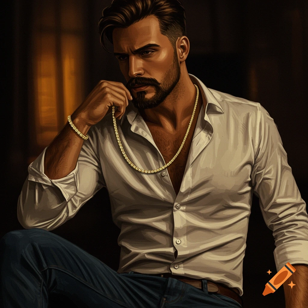 A stylish man with beard, wearing white shirt, jeans, and gold chain and bracelet.