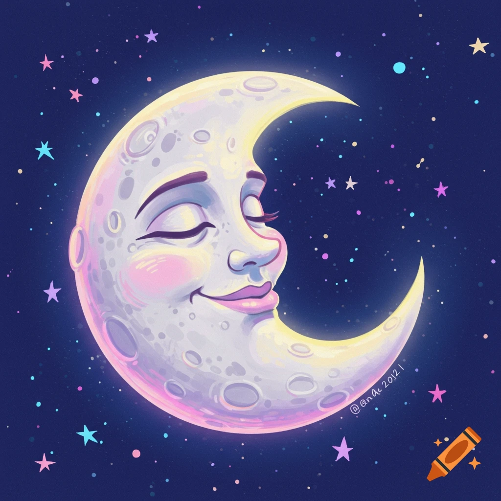 A cartoon crescent moon with a face, smiling against a dark blue starry night sky.
