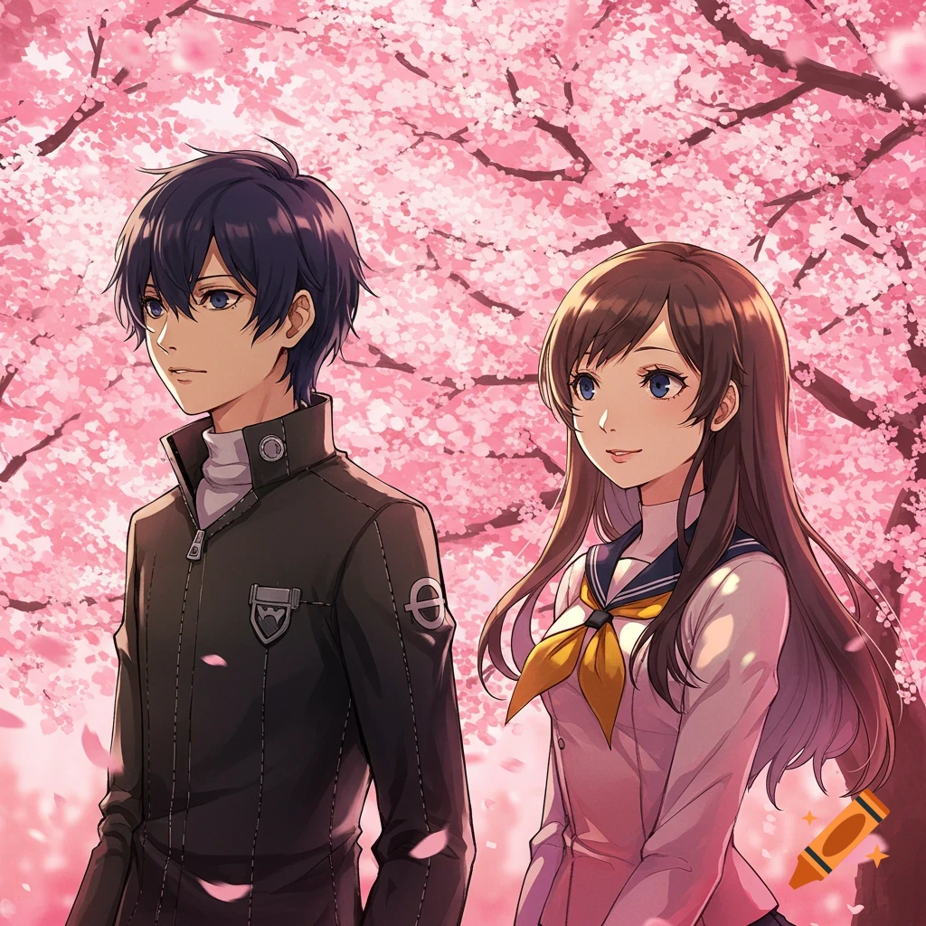 Two anime characters, a boy and a girl, standing under a large cherry blossom tree with pink petals falling.