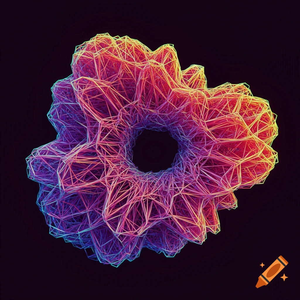 Abstract wireframe geometric shape with a vibrant rainbow color gradient on a black background