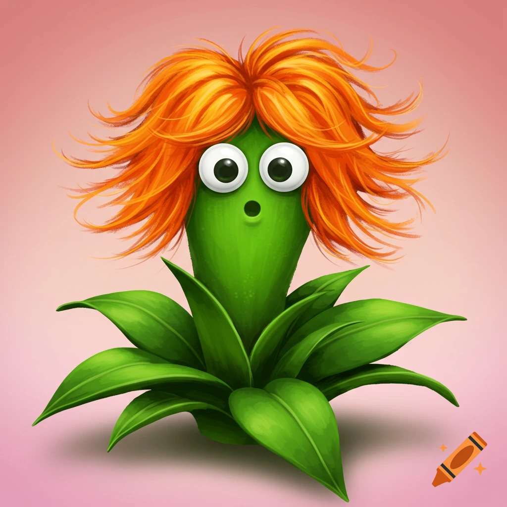 Cartoon plant character with big eyes and orange yarn hair