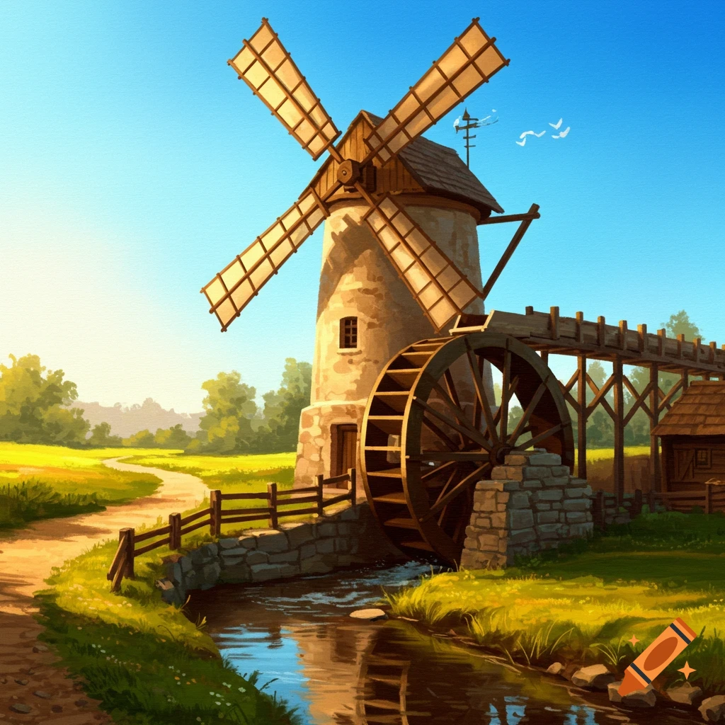 A stone windmill with a large wooden waterwheel next to a stream, a path, and a field.