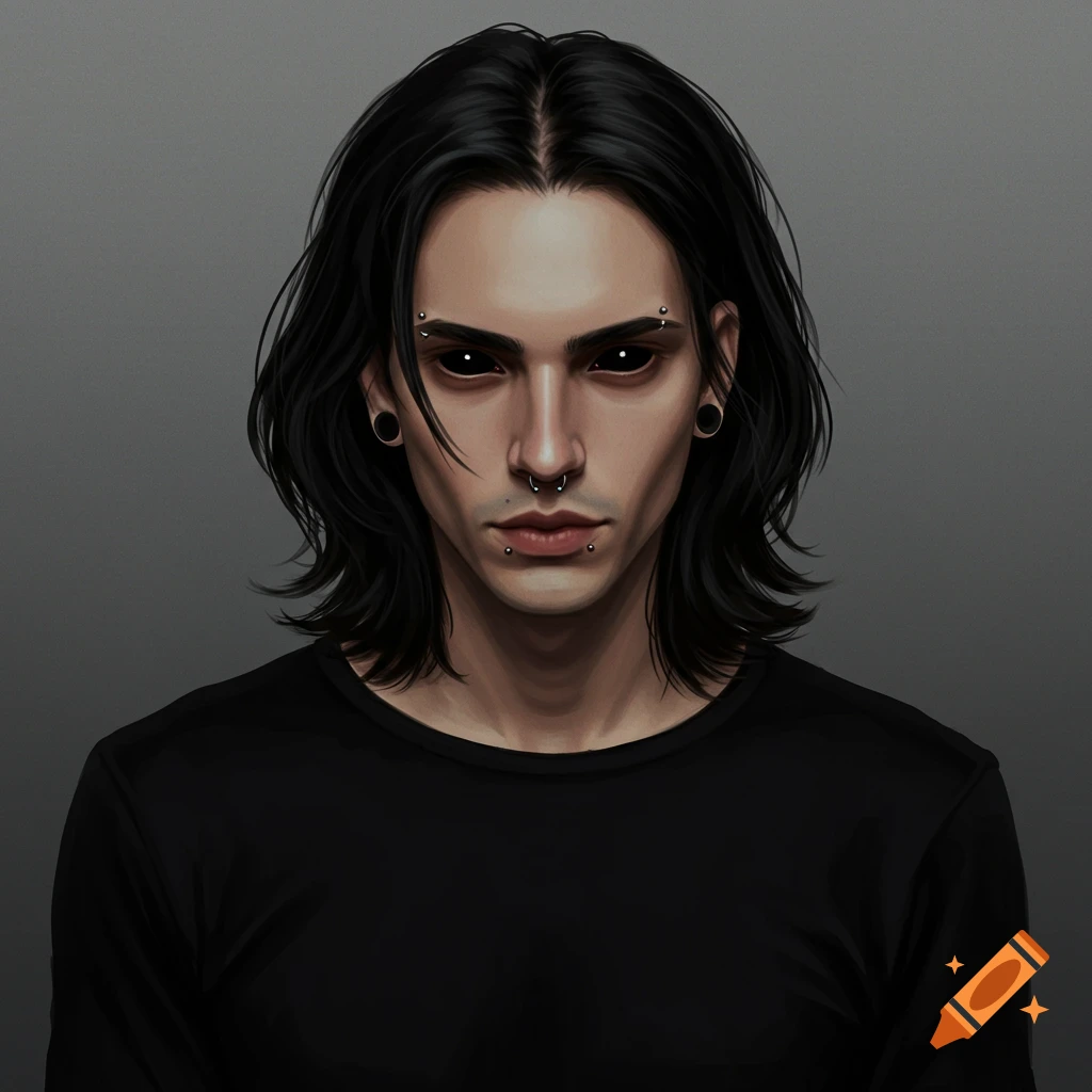 A person with black eyes and facial piercings.
