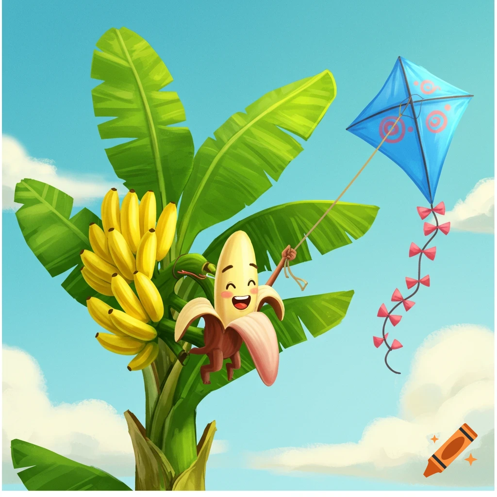 Happy cartoon banana character flying a blue kite next to a banana tree.