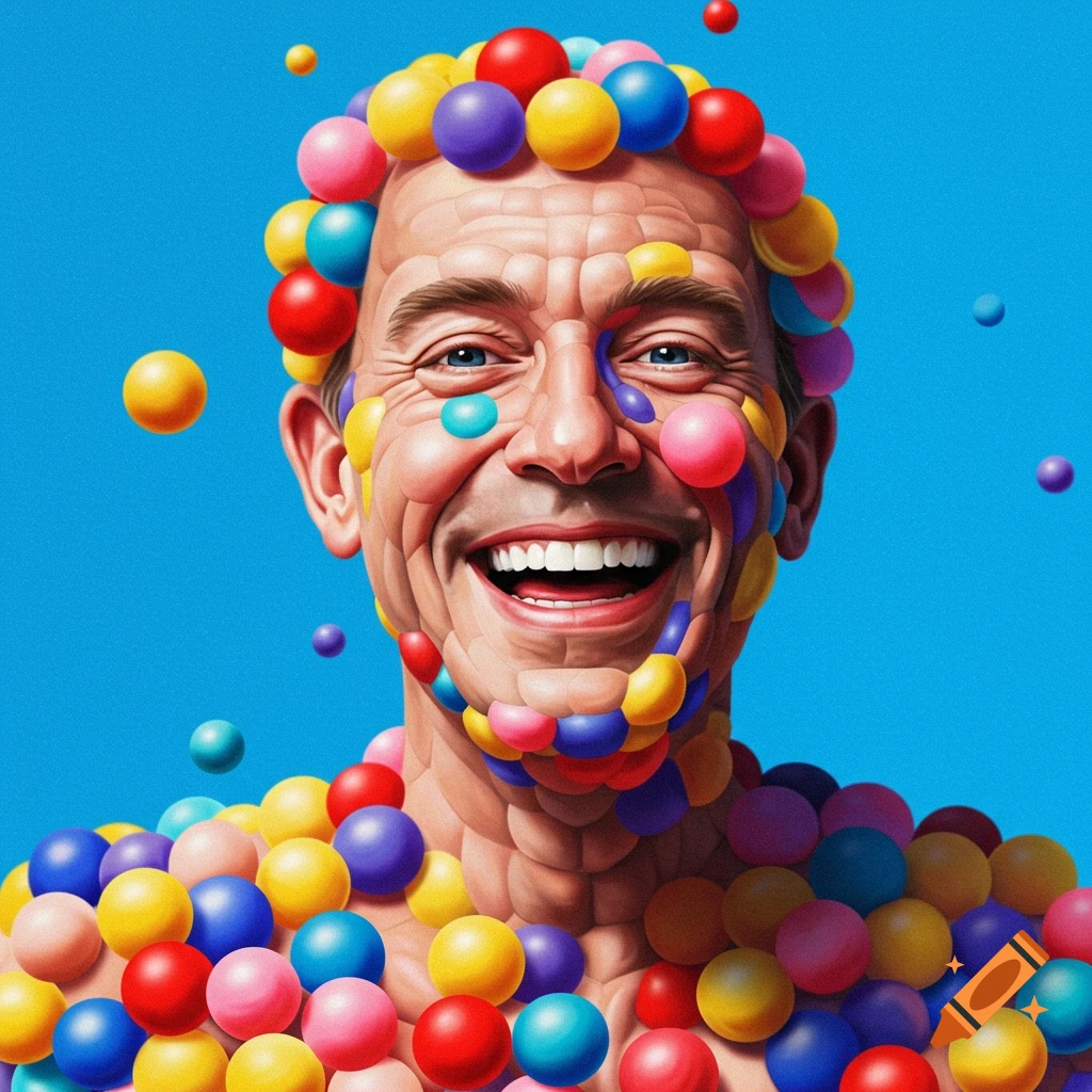 Image of a man laughing, covered in colorful spheres against a blue background.