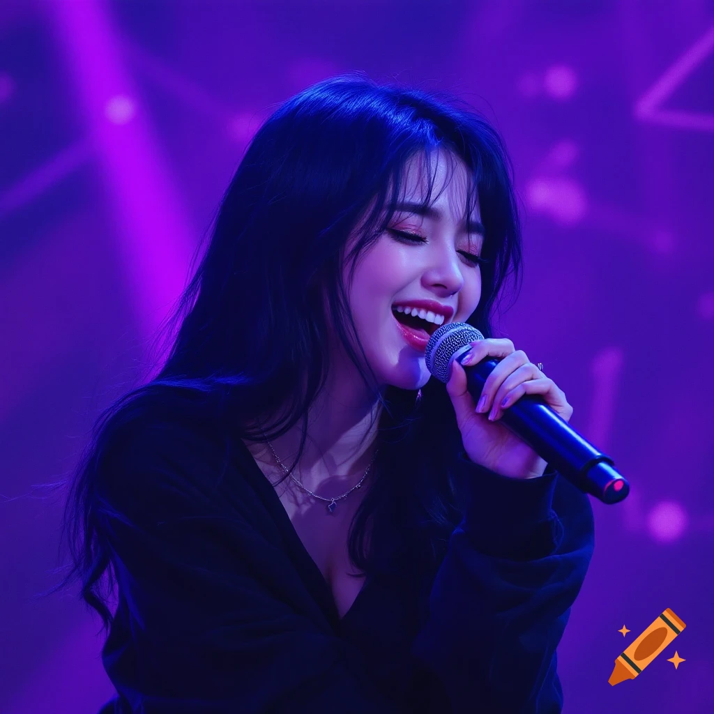 A woman sings into a microphone under purple stage lights.