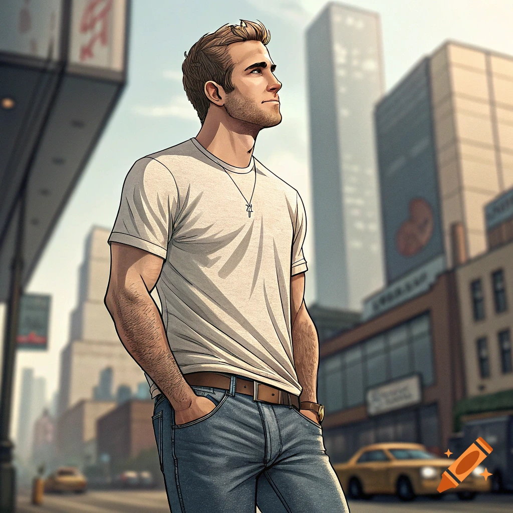 A stylized illustration of a man standing in a city with his hands in his pockets, looking up.