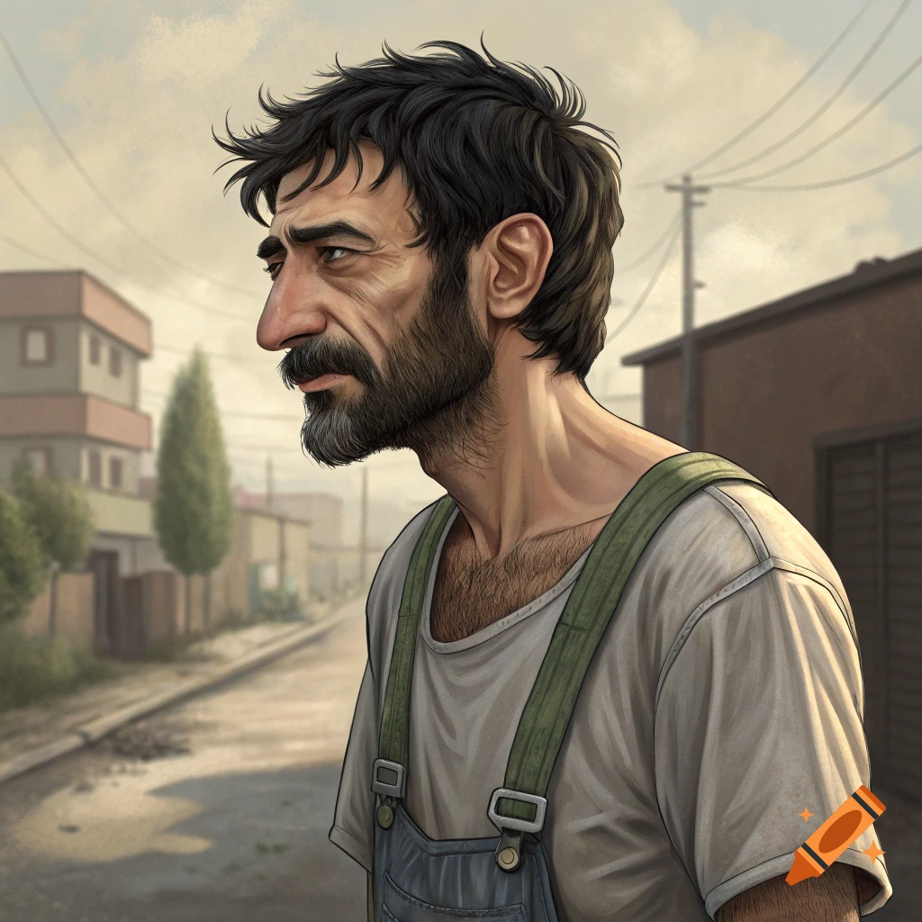 Portrait of a man with beard and messy hair in overalls looking left, street scene background