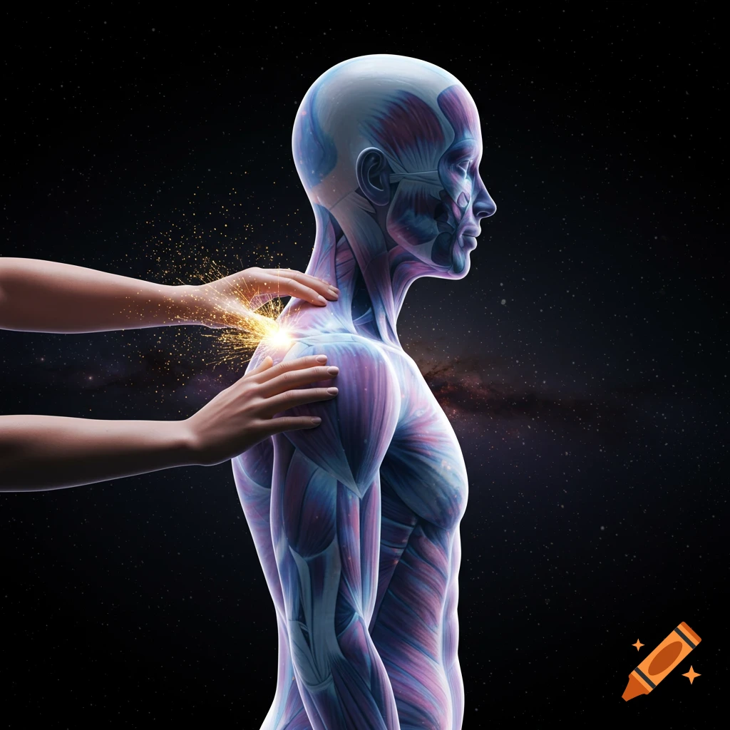 Stylized human anatomy figure with iridescent muscles touched on the shoulder against a cosmic background. Golden sparks erupt from the touch.