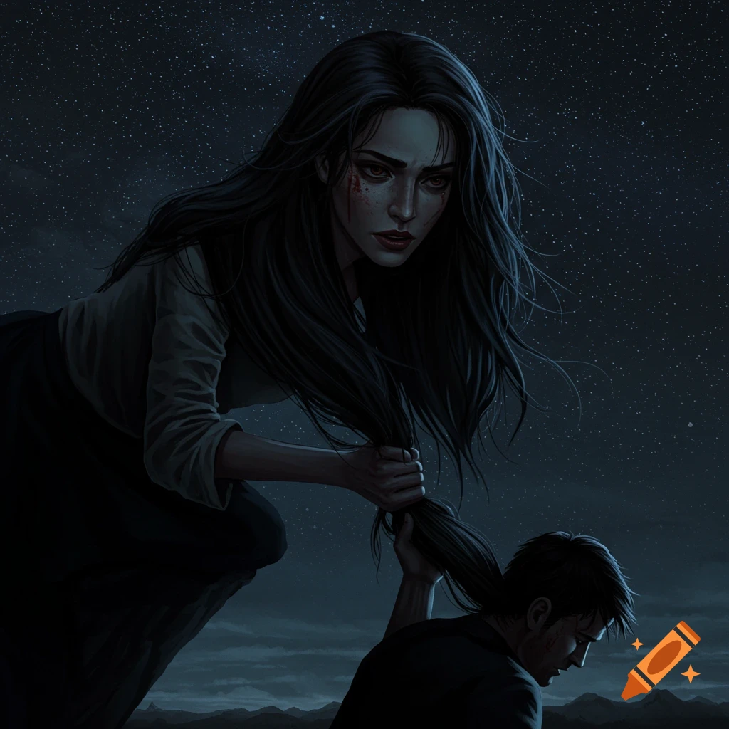 A large woman pulls a man up a cliff by her hair under a starry night sky.