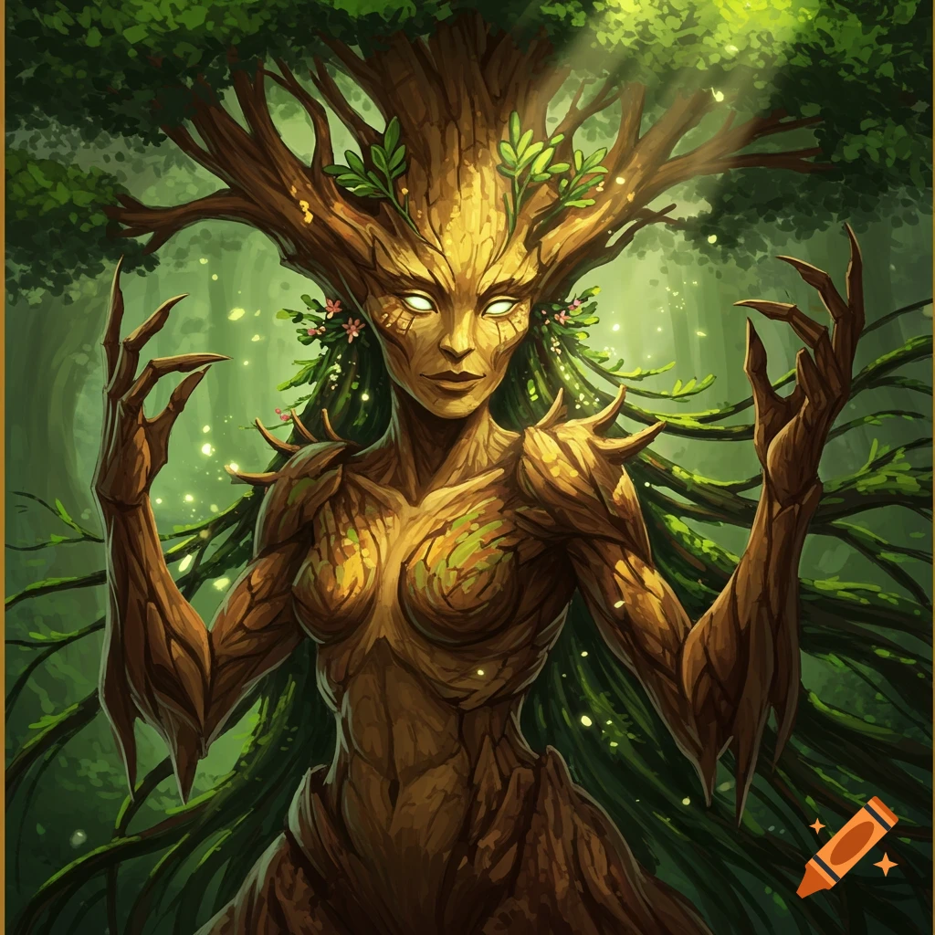 A tree spirit in a forest. The figure has bark-like skin and branches for hair and hands.