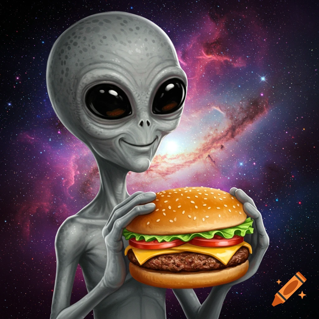 A gray alien with big black eyes holds a hamburger in front of a colorful galaxy background.