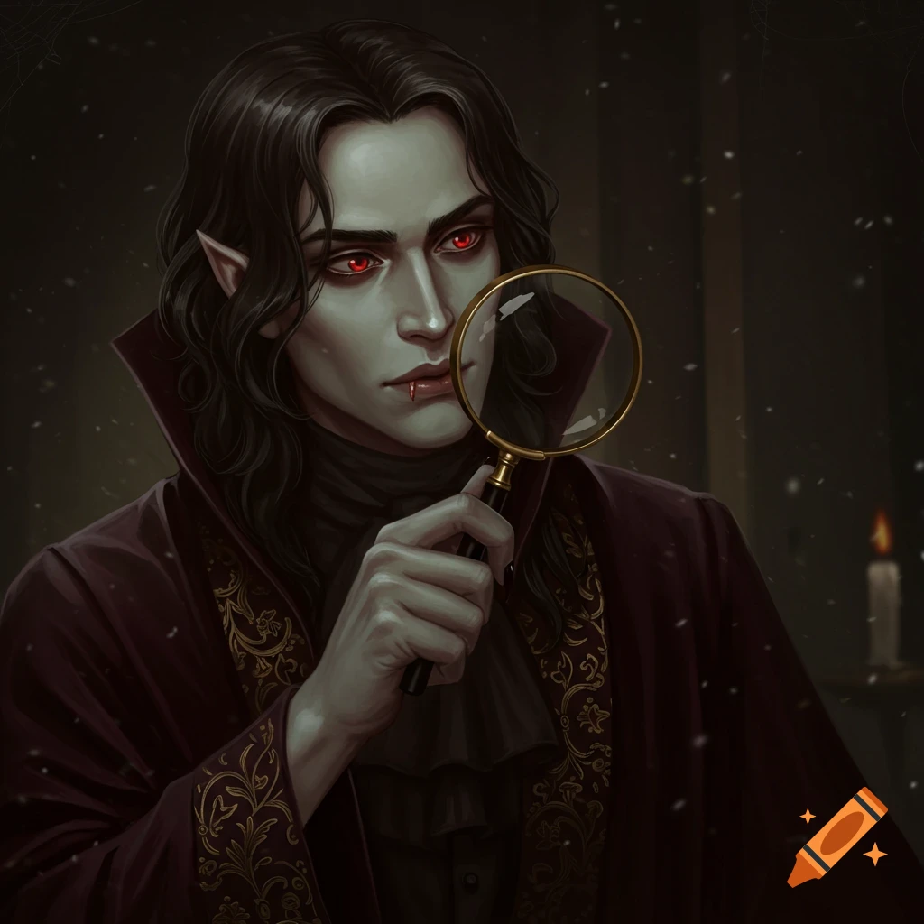 A vampire with red eyes holding a magnifying glass.