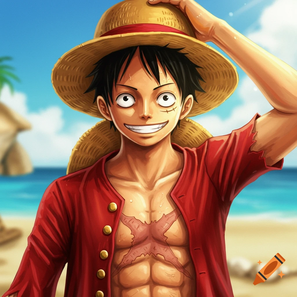 Image of Luffy from One Piece in a straw hat and red shirt on a beach