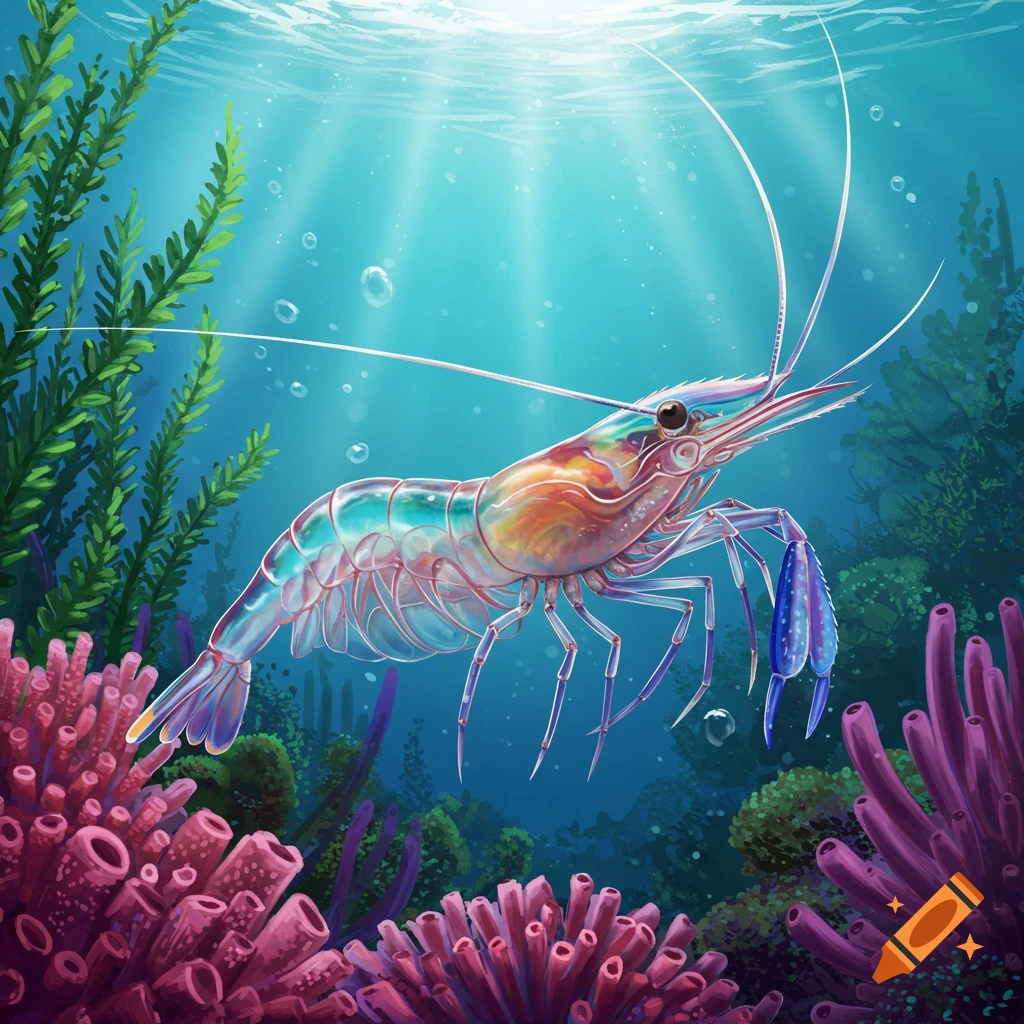 Colorful translucent shrimp swims among pink coral and green plants in blue water with sunlight rays.