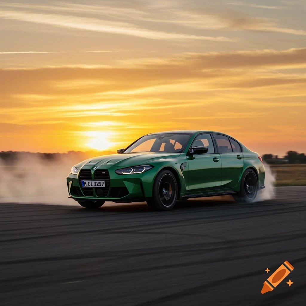 Green BMW M3 drifting at sunset creating smoke