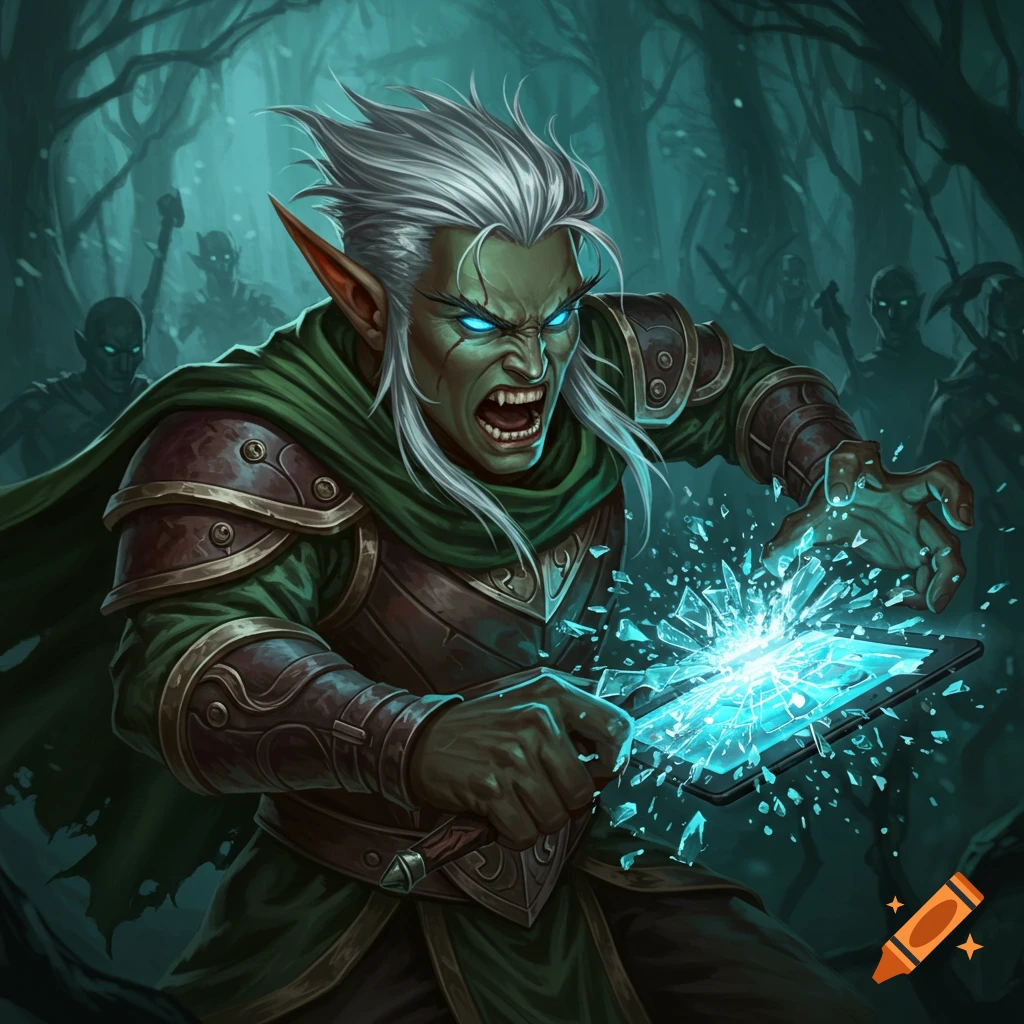 Angry fantasy elf with glowing eyes smashes a glowing tablet in a dark forest.