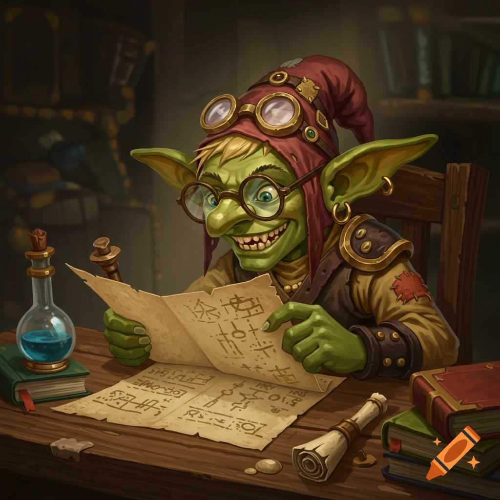 A goblin reading a paper at a desk with books and a flask.