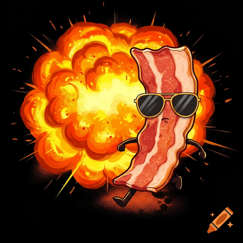A cartoon piece of bacon wearing sunglasses walks away from an explosion.