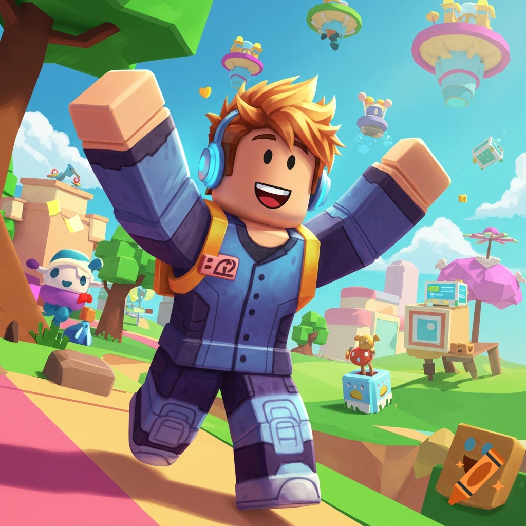 Blocky character with blonde hair and headphones raises arms in a bright, cartoonish world with floating objects